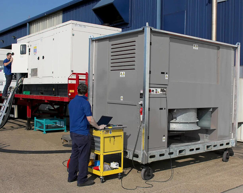 Diesel generator connected to a resistive load bank during performance testing