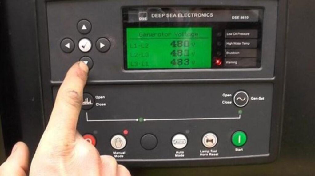 Diesel generator controller showing voltage